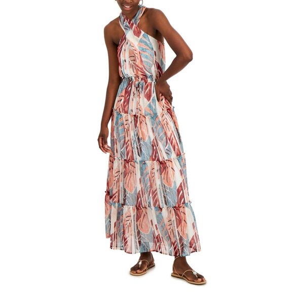 INC International Concepts Womens Printed Halter Maxi Dress Blue Salmon size M - Picture 1 of 16